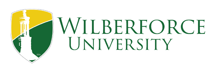 Wilberforce University logo featuring a shield with a lighthouse and landscape, and the text 'Wilberforce University' in green.