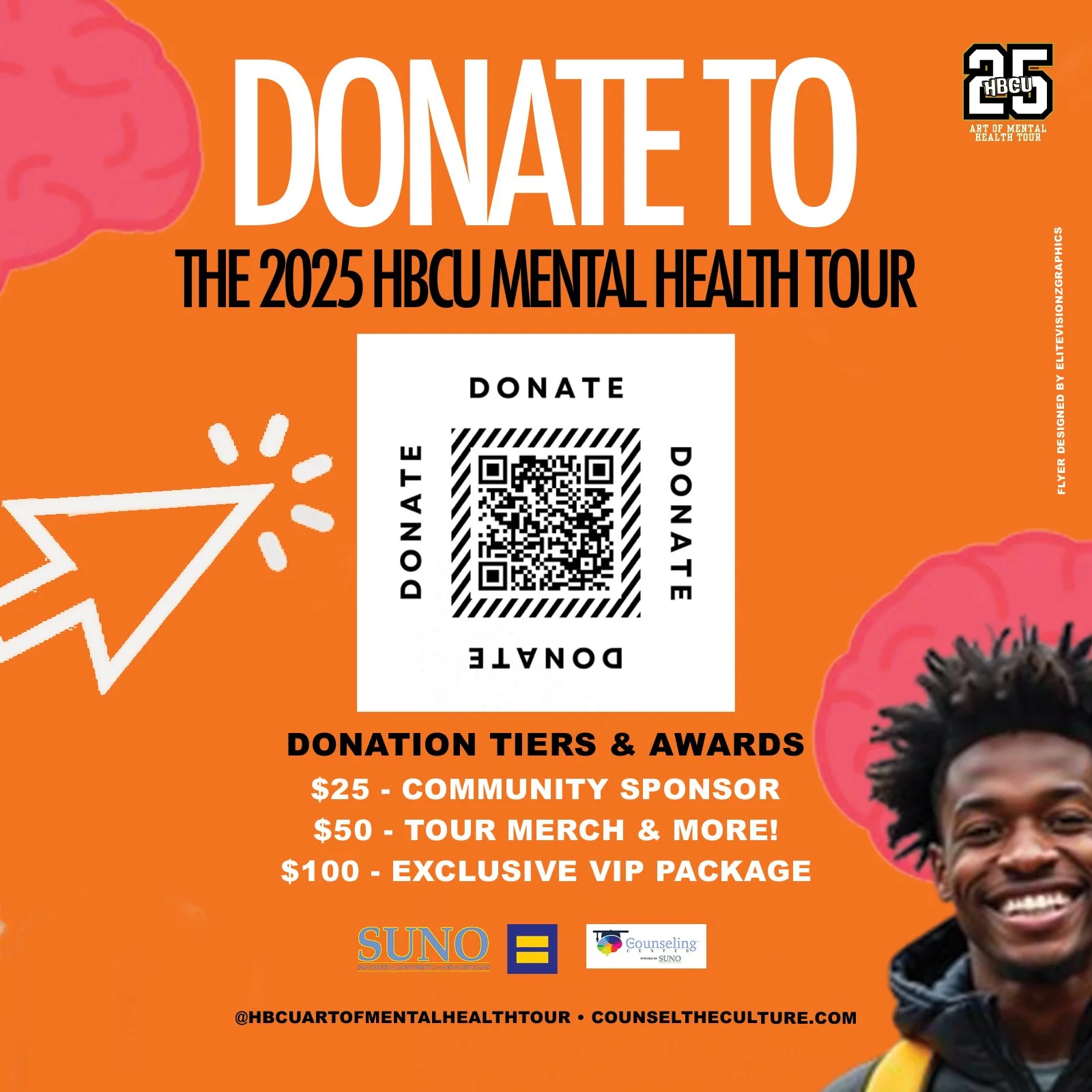 A promotional flyer for the 2025 HBCU Mental Health Tour featuring a bright orange background with pink and black accents. It encourages donations via a QR code and lists donation tiers including community sponsorship, tour merchandise, and VIP packages. The flyer includes the tour logos, a smiling person with dreadlocks, and social media handles.