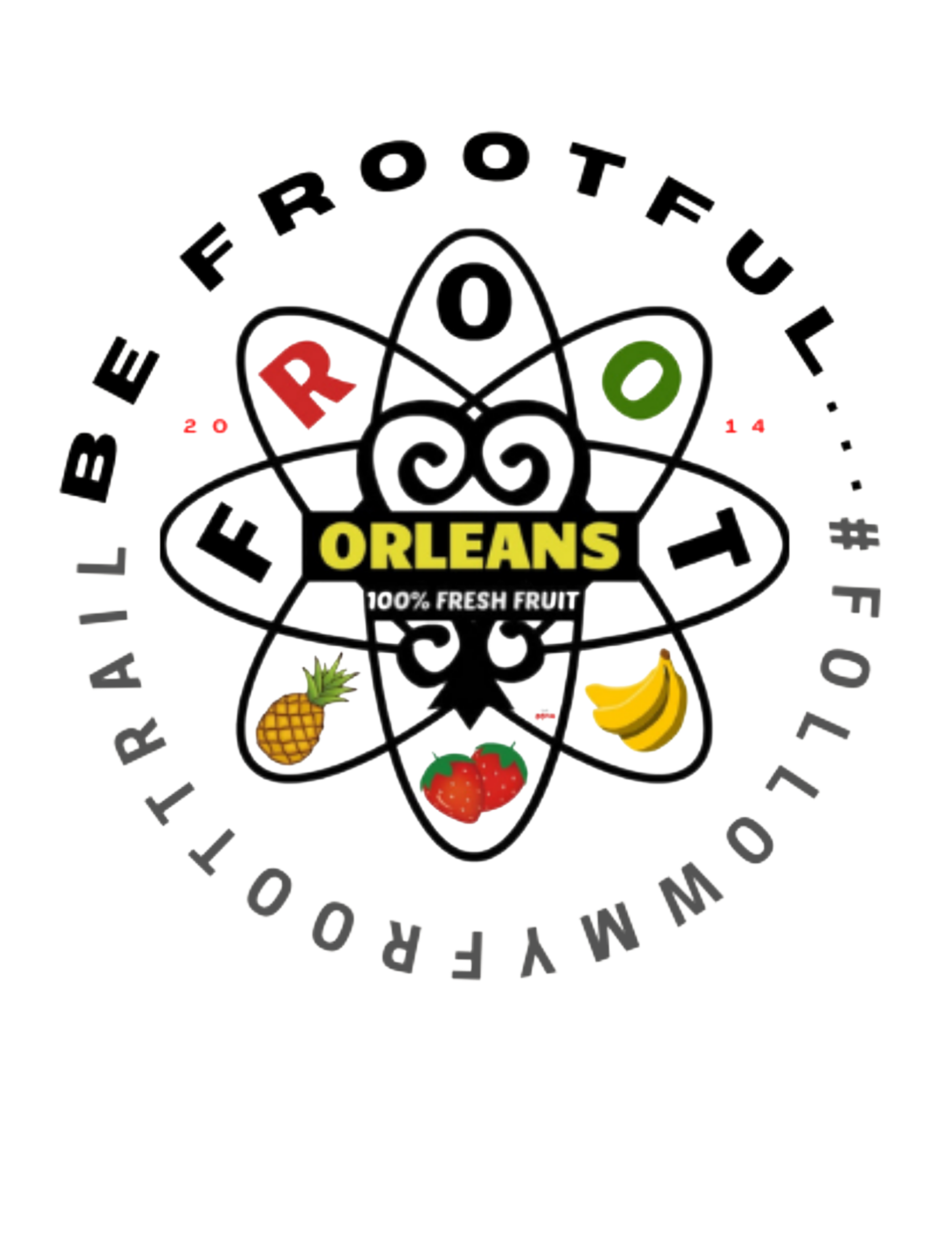 A graphic design featuring a molecule structure with the words "FREEDOM OF THE FRUIT" and "ORLEANS" in bold yellow text. Various fruit emojis are around the design, including a pineapple, strawberry, banana, and cherry.