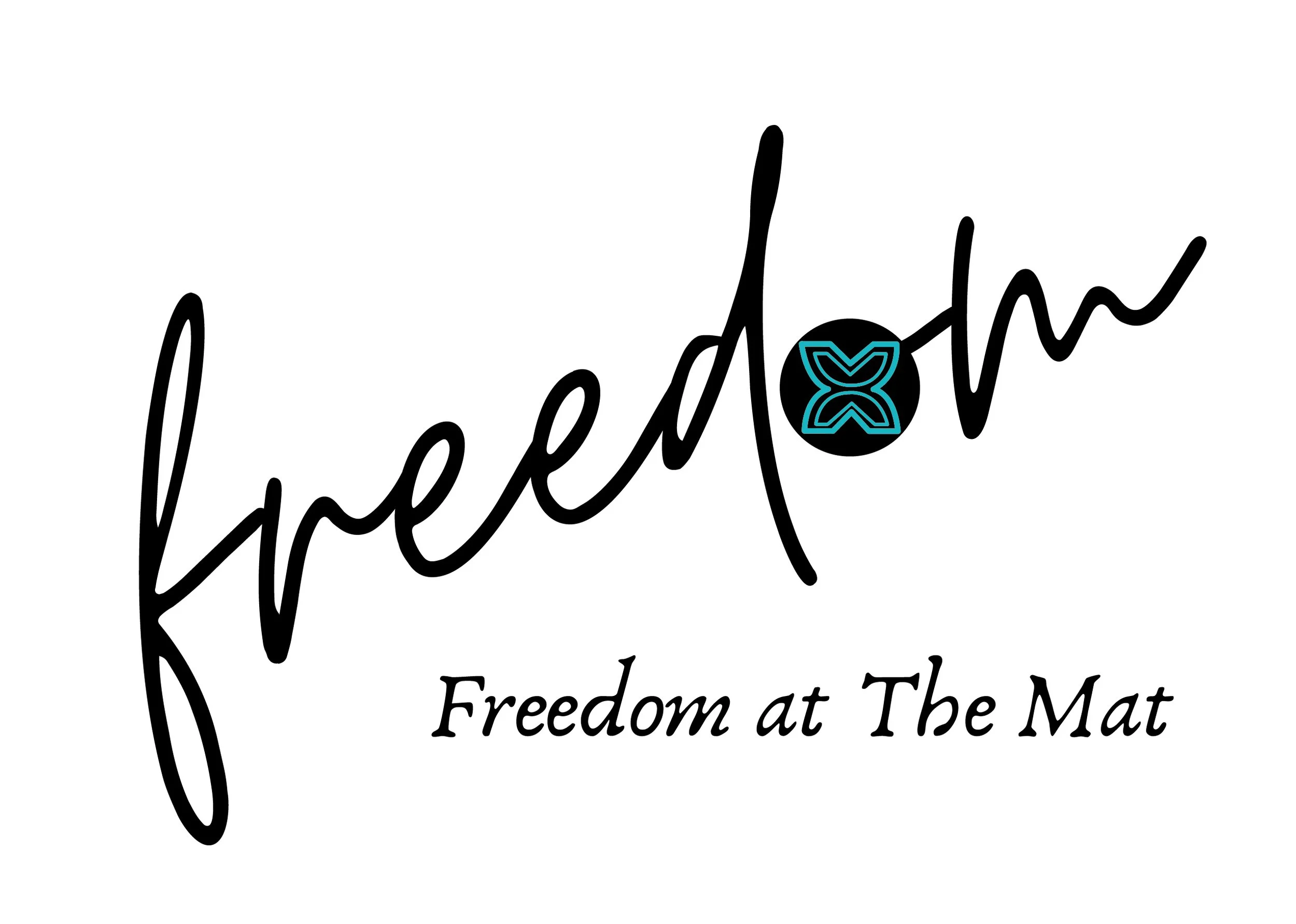 Text that says 'freedom at The Mat' with a logo featuring a stylized blue and black butterfly or cross symbol.