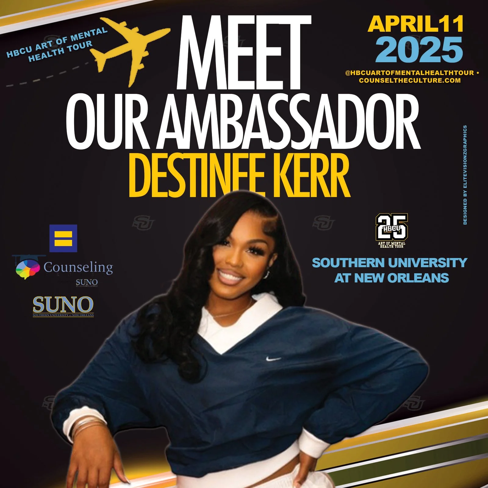Promotional poster for the HBCU Art of Mental Health Tour featuring Destinee Kerr, scheduled for April 11, 2025, at Southern University at New Orleans, with logos and a photo of Destinee Kerr.