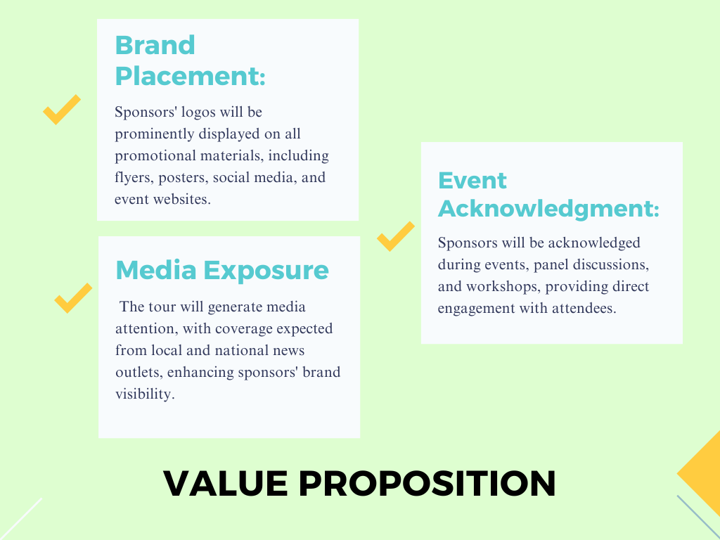 An infographic outlining the value proposition for an event, highlighting brand placement, media exposure, and event acknowledgment, with check marks indicating key points.