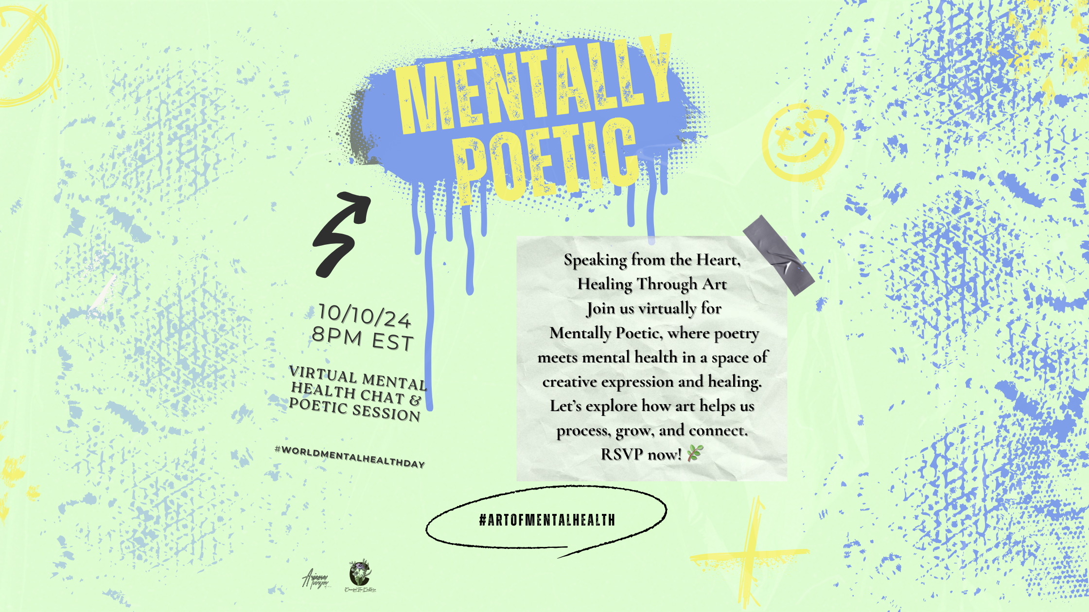A colorful abstract background with splashes of yellow, blue, and green, featuring text about a virtual mental health chat and poetic session happening on October 24th at 8 PM EST, with hashtags and event details.