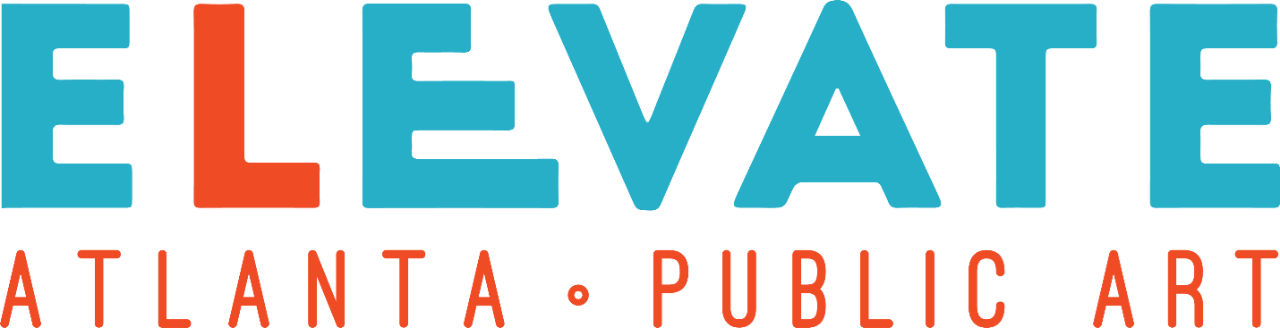 Graphic logo with the words 'ELEVATE ATLANTA PUBLIC ART' in bold, with 'ELEVATE' in large blue and orange letters and 'ATLANTA PUBLIC ART' in smaller red letters underneath.