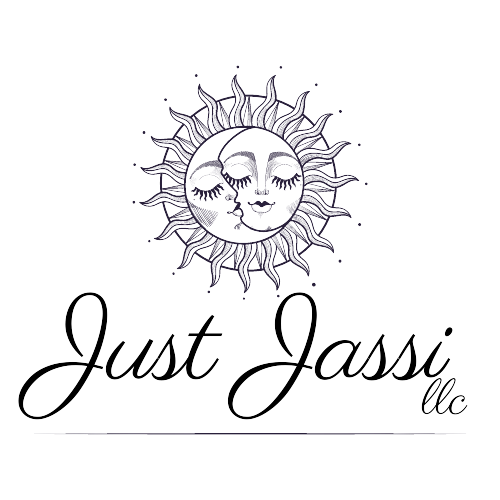 A logo featuring a stylized sun with a face and closed eyes above the words "Just Jassi LLC" in cursive script.