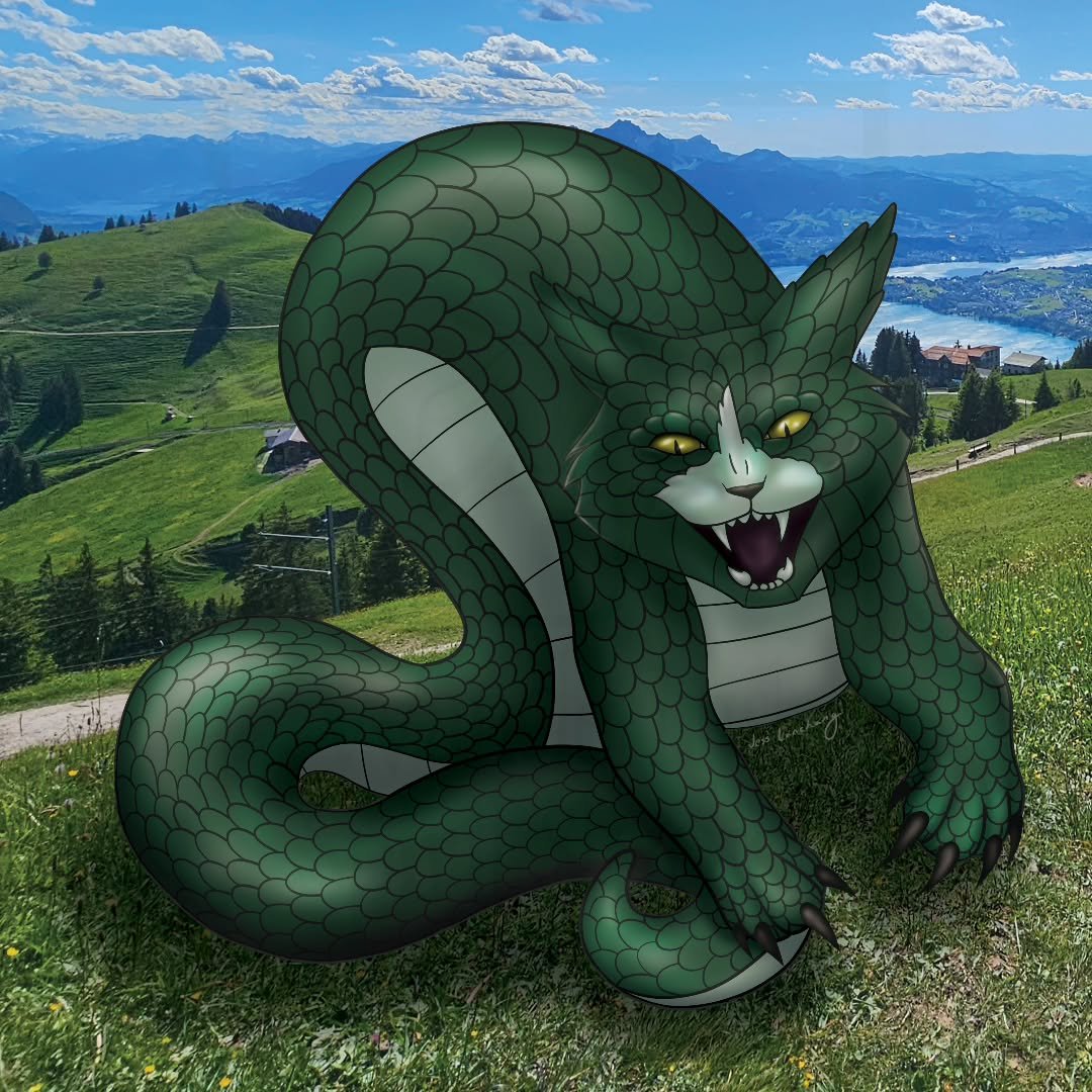 The Misha Tatzelwurm is complete ✅️ This Tatzelwurm was inspired by a photo of my cat Misha and my latest trip to the Alps. The creature was hand drawn and then brought into Photoshop to paint. The background is a photo I took on my trip to Switzerla