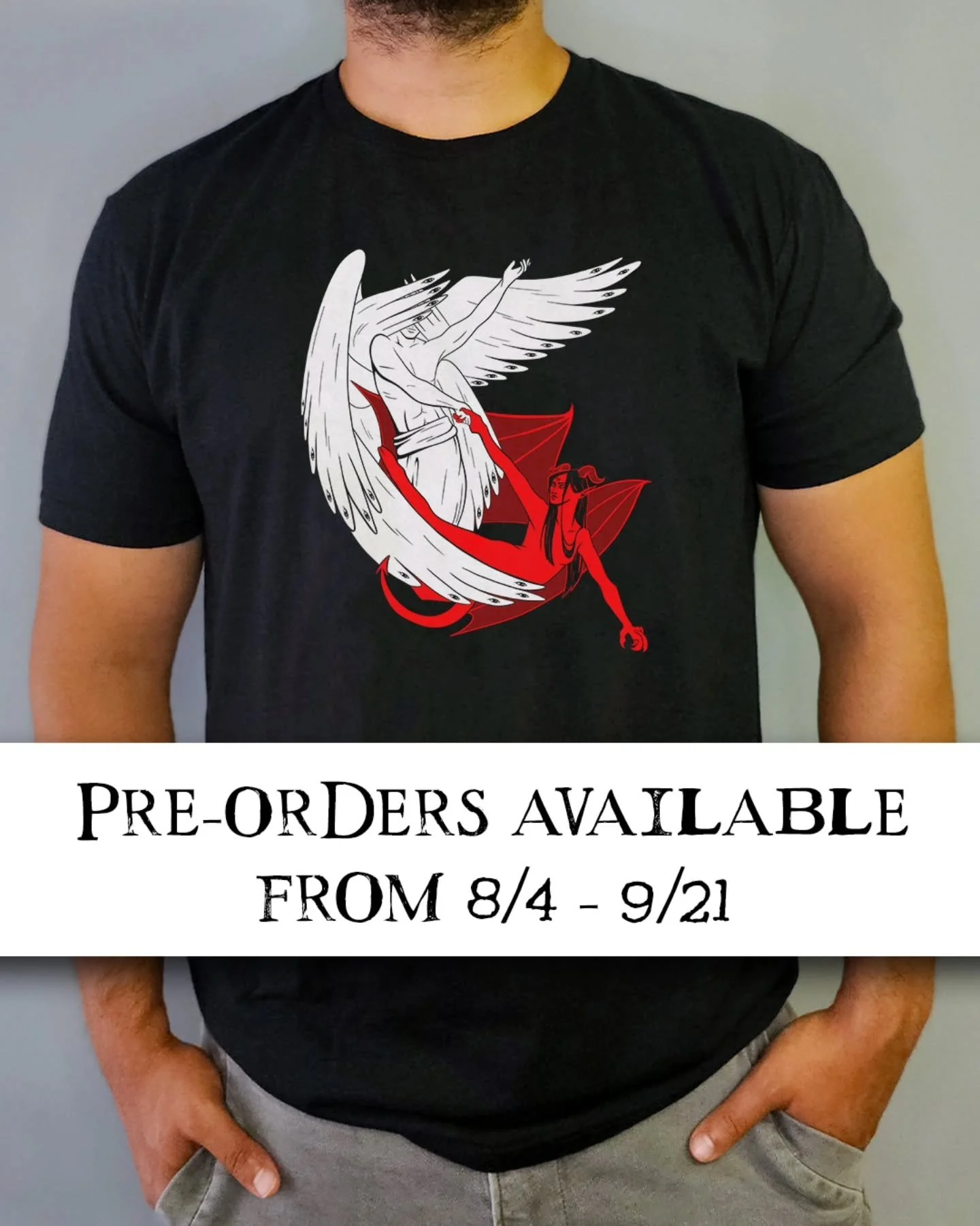 Stand out and support a small artist with this original "Dance Between Heaven &amp; Hell" t-shirt (LINK IN BIO). The shirt was designed for the @rawpaw heaven and hell art challenge, and for a limited time only, you can pre-order until Sept