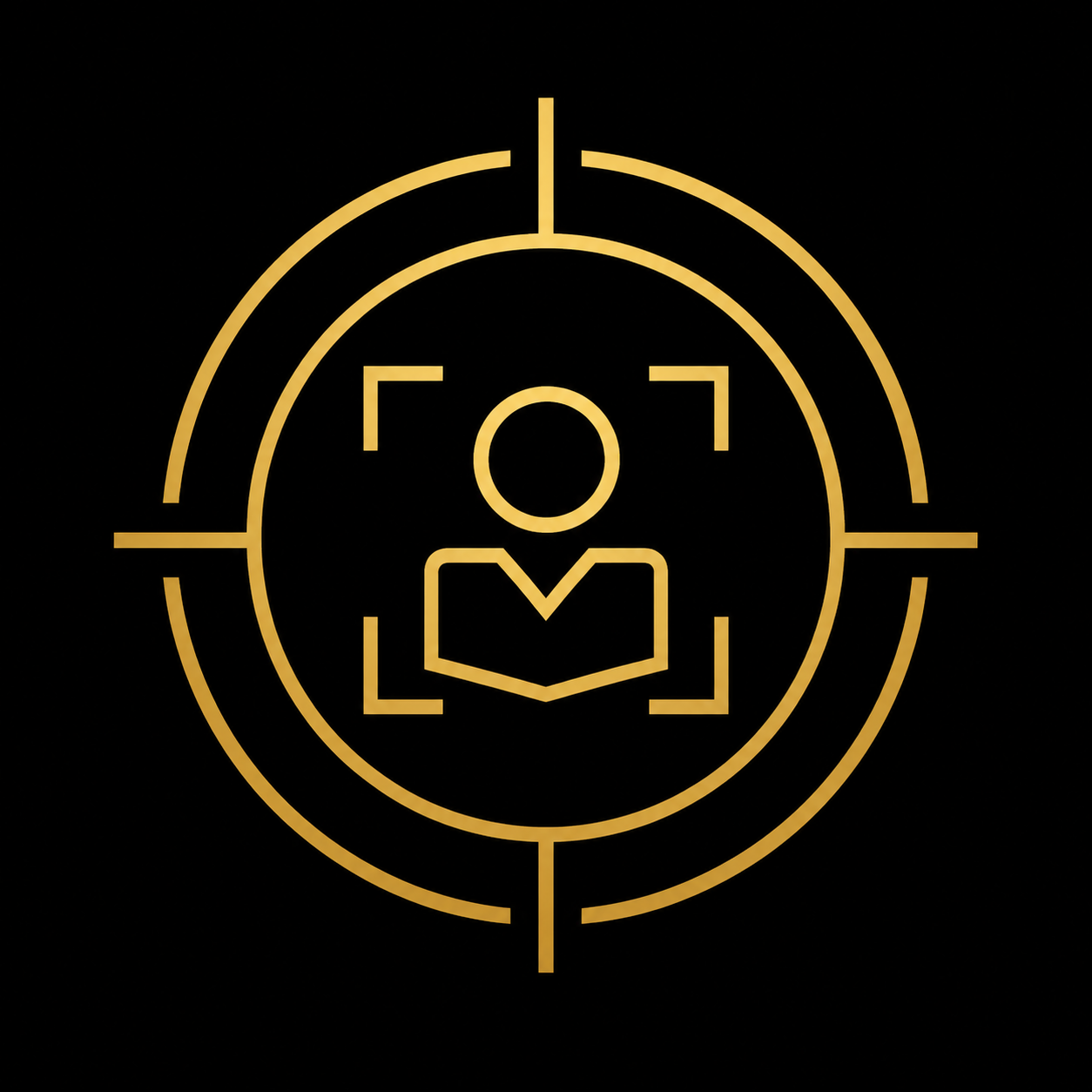 A gold outline of a person's profile within a crosshair target design on a black background.