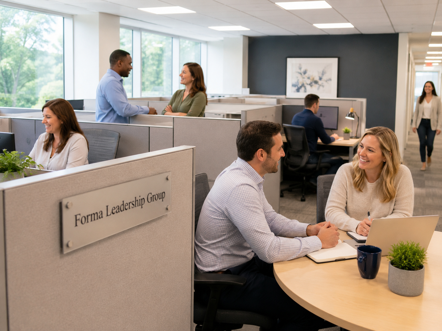 Office setting with people working and engaging in conversations, including a couple smiling at each other at a round table, and colleagues working at desks with cubicles labeled "Forma Leadership Group."