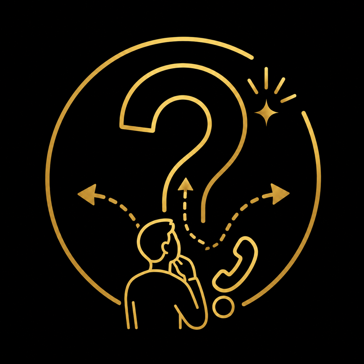 A woman is sitting and thinking with a large gold question mark overhead, surrounded by arrows pointing in different directions, a star, and an alarm clock, all depicted in a minimalistic line art style with gold on black background.