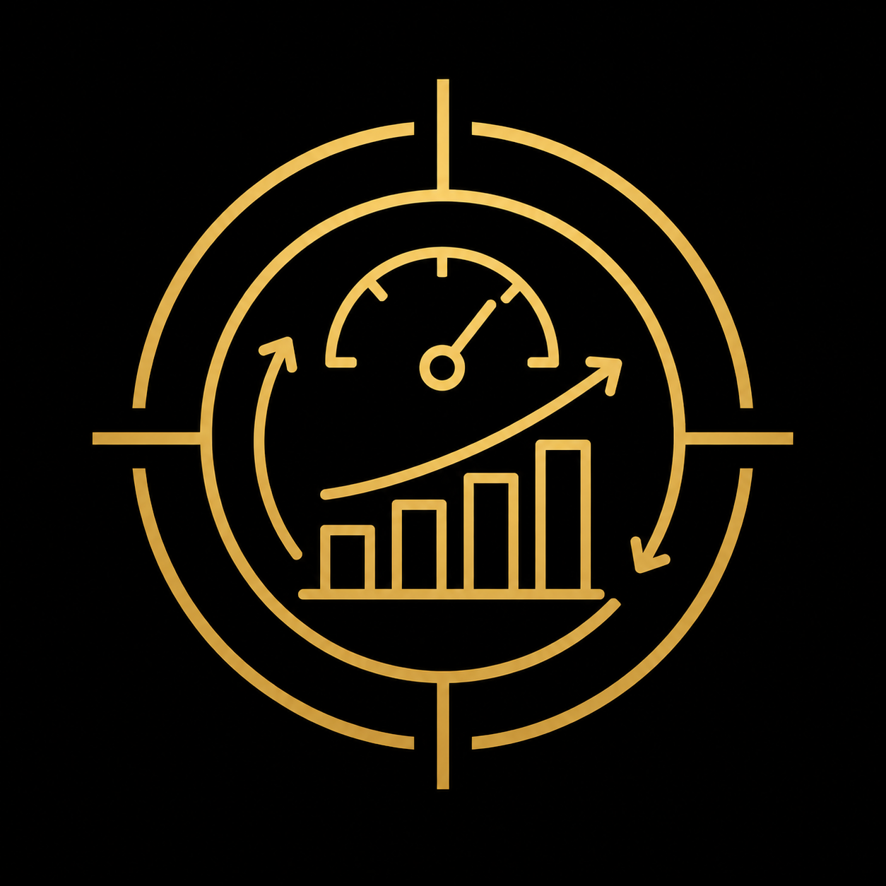 Gold-colored graphic of a target with a bar graph, upward arrow, and speedometer indicating progress and growth against a black background.
