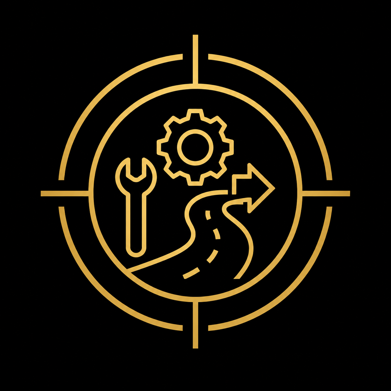 A digital illustration featuring a gear, wrench, and a curved road with an arrow, enclosed within a target-like circular frame, all in gold on a black background.