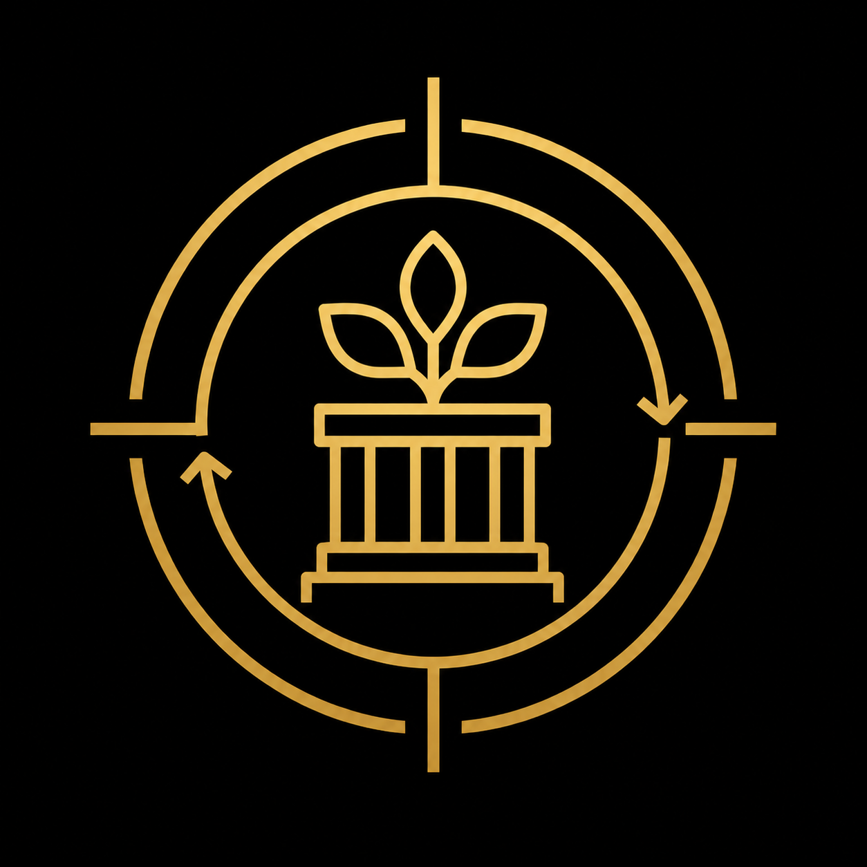 Gold outline of a potted plant inside a circle with arrows, on a black background.