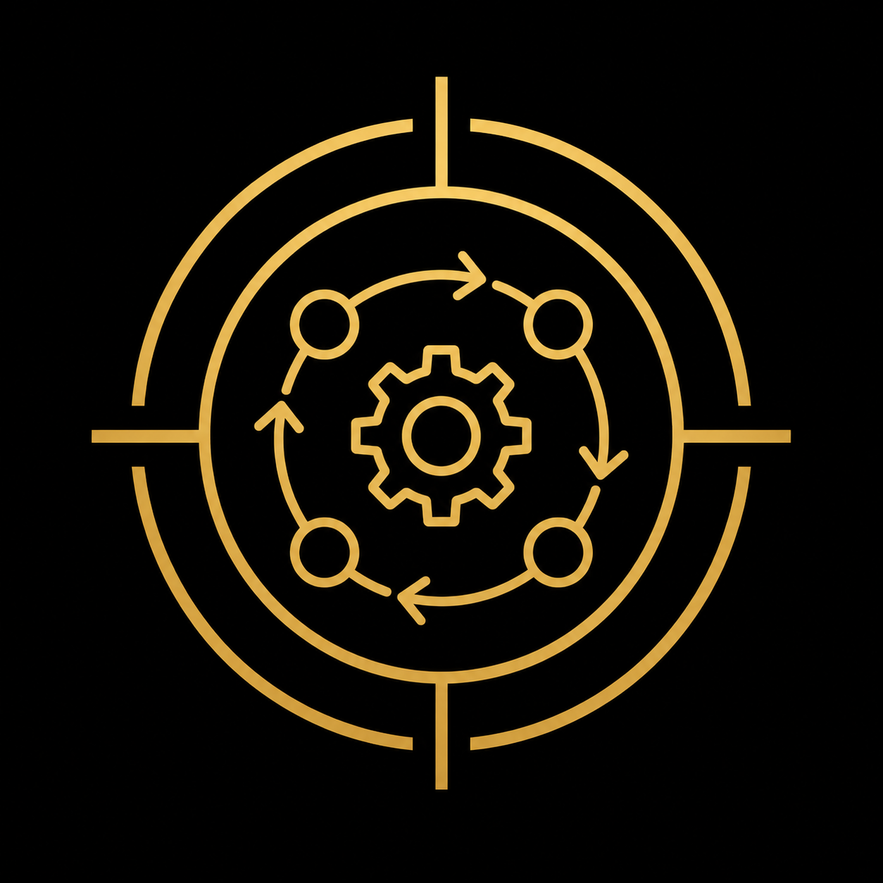 Digital illustration of a gear surrounded by a circular process flow with arrows, inside a target crosshair.