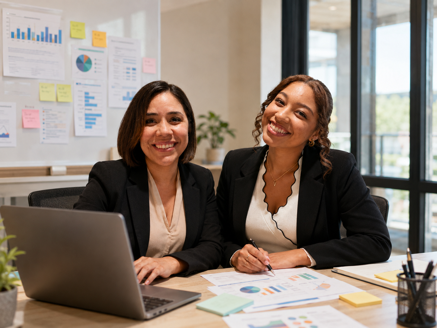 Two women in business suits smiling at a desk with charts and documents, in an office setting with a large window.