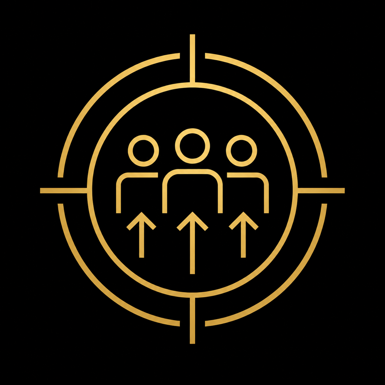 Outline of three people inside a target with arrows pointing upwards below them, symbolizing team focus or collaboration.