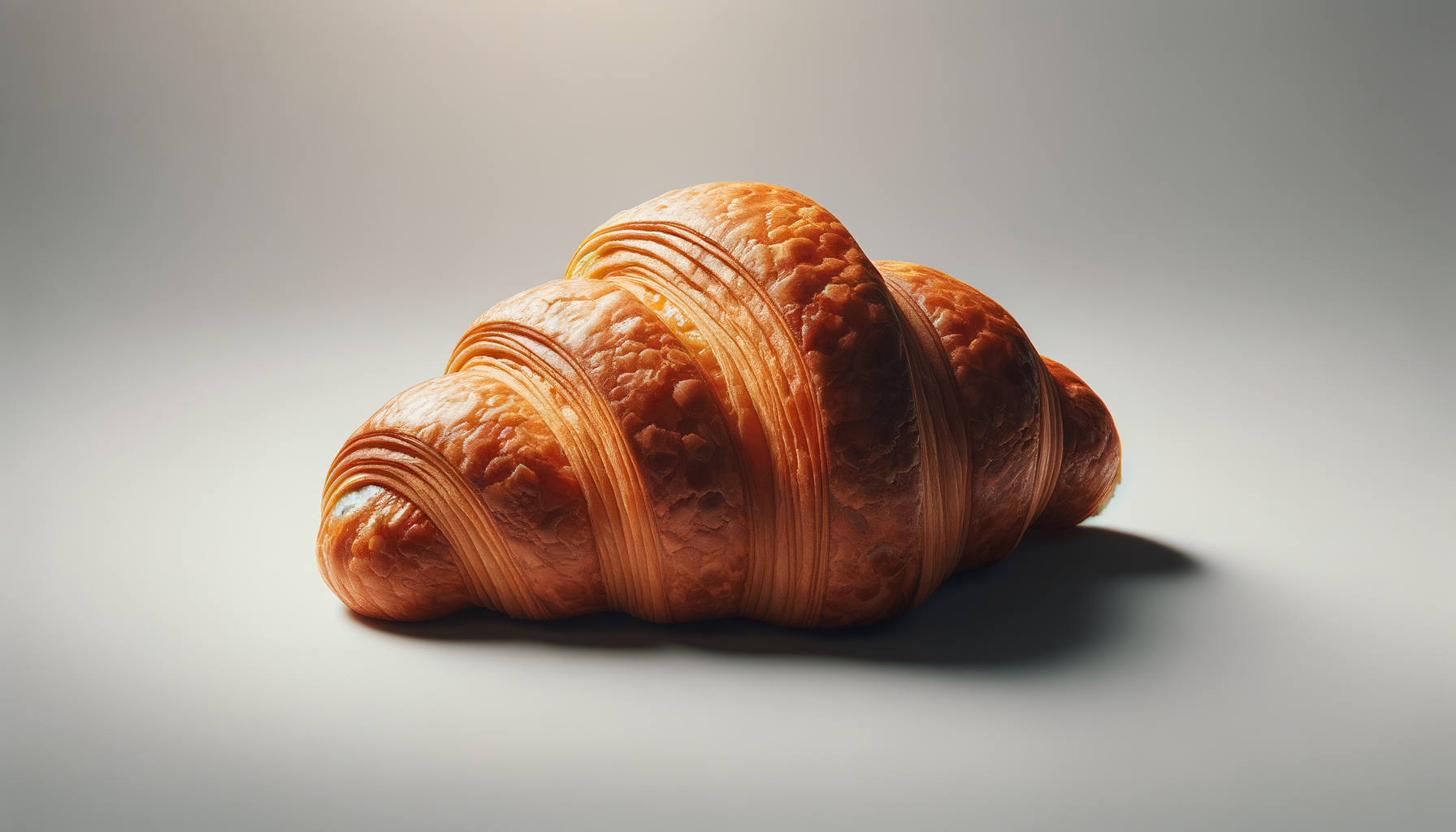 A perfectly baked croissant with a golden-brown, flaky crust resting on a plain surface.