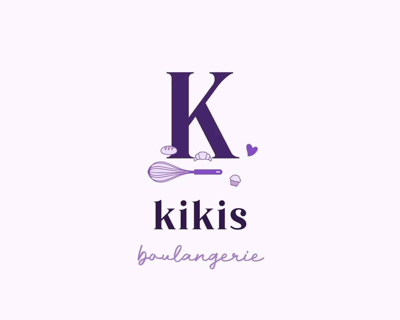 Logo for Kikis Boulangerie, featuring a large purple letter 'K', a whisk, pastries, and a small heart, with the words 'kikis boulangerie' in purple text.