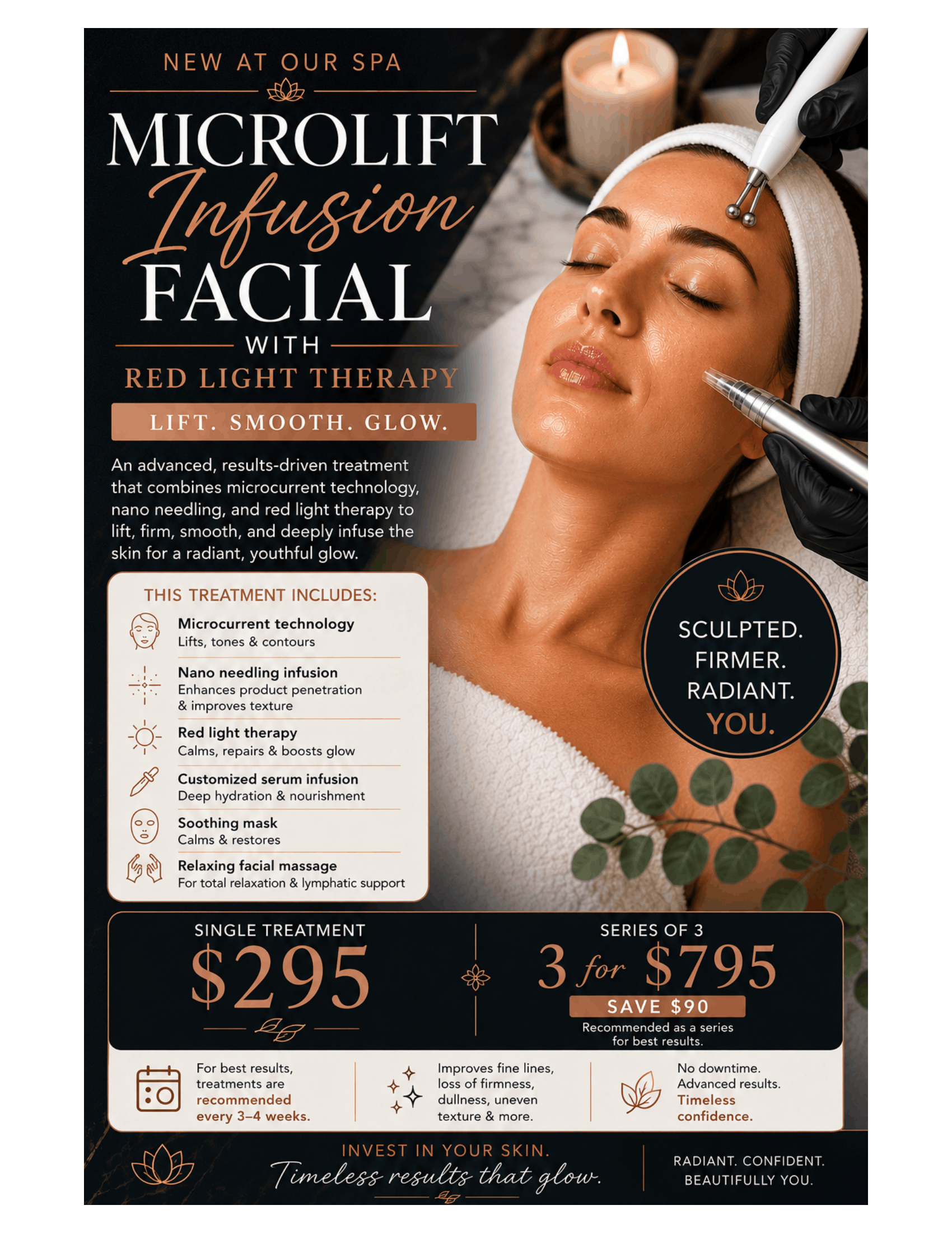 Promotional flyer for a new spa treatment called Microlift Infusion Facial with Red Light Therapy. The flyer features a woman receiving a facial treatment with a microcurrent device, a lit candle, and decorative leaves. The promotion highlights price options: $295 for a single treatment, or 3 sessions for $795, saving $90, recommended as a series for best results. The flyer mentions various benefits and features of the treatment, such as enhancing product penetration, reducing signs of aging, and deep hydration. It emphasizes the results of radiant, confident, and beautiful skin.