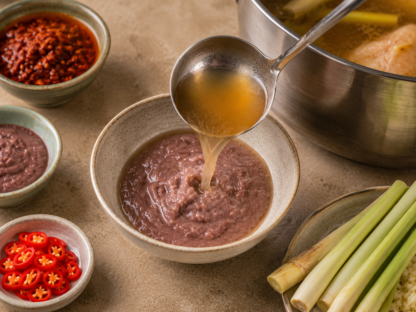 Mắm ruốc being mixed with hot broth in a small bowl before seasoning bún bò Huế.