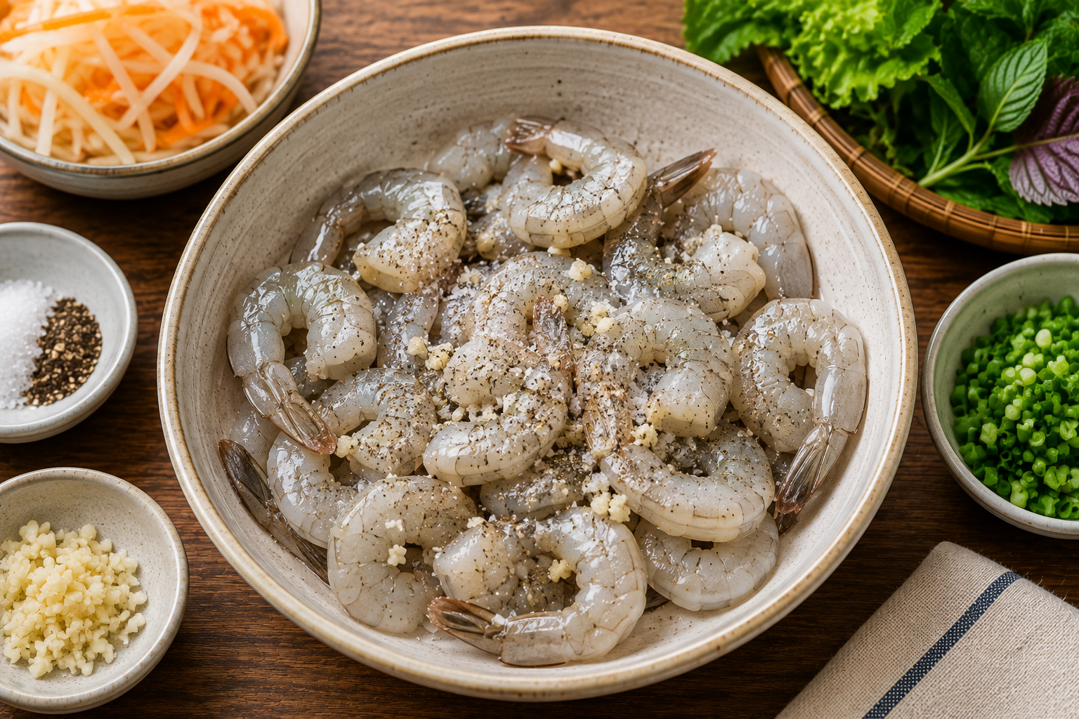 Raw shrimp seasoned with fish sauce, garlic, sugar, and black pepper for bánh khọt, arranged in a ceramic bowl beside chopped scallions and fresh herbs.