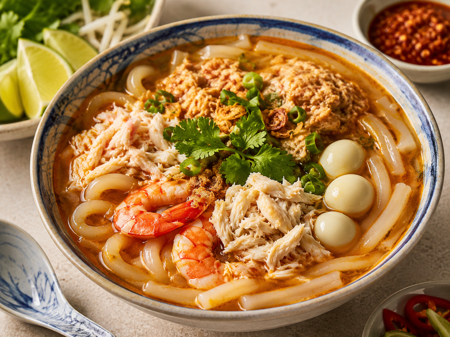 A finished bowl of bún riêu with crab curds, tomato broth, rice vermicelli, fried tofu, herbs, lime, and chili.