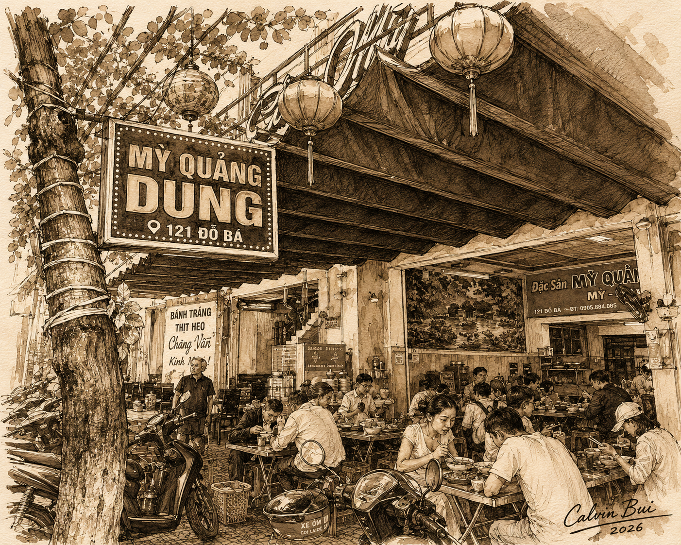 Hand-drawn sepia urban sketch of Mì Quảng Dung in Đà Nẵng, showing the hanging sign, red lanterns, sidewalk tables, diners, scooters, and Calvin Bui 2026 artist signature.
