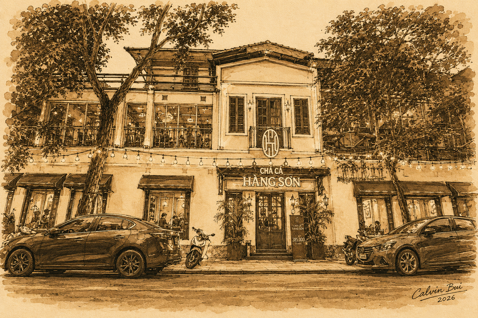 Hand-drawn sepia urban sketch of the Chả Cá Hàng Sơn storefront in Hanoi with colonial-style architecture, large trees, glowing restaurant lights, parked cars, scooters, and the entrance sign.