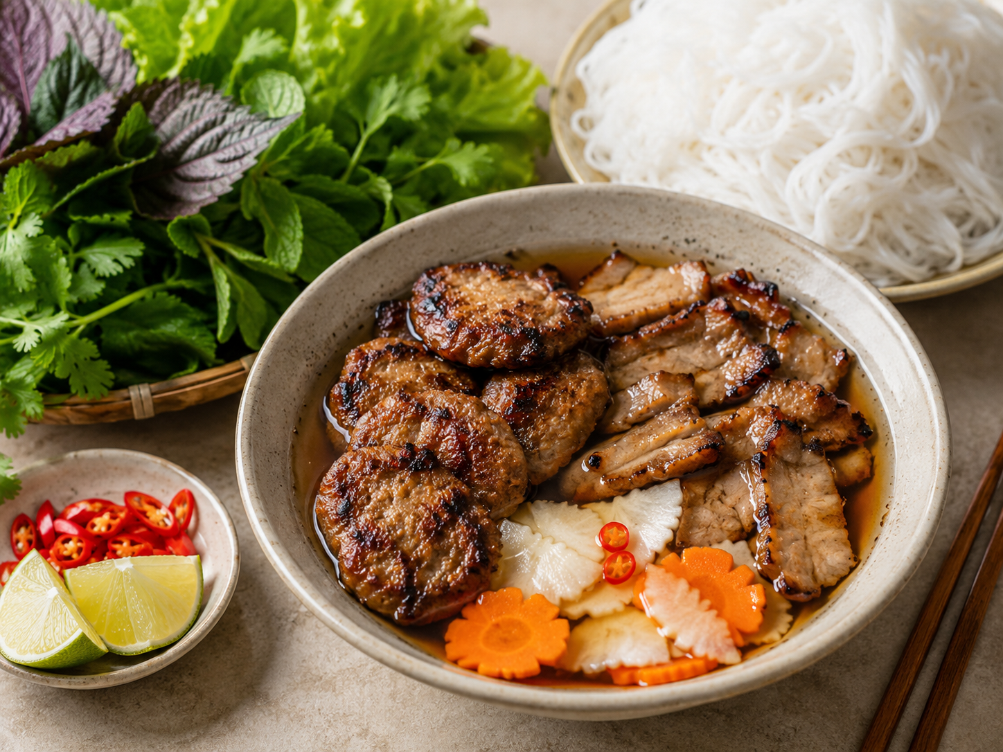 Bún chả with smoky grilled pork patties, sliced pork belly, rice noodles, fresh herbs, pickled vegetables, chili, lime, and warm dipping sauce.