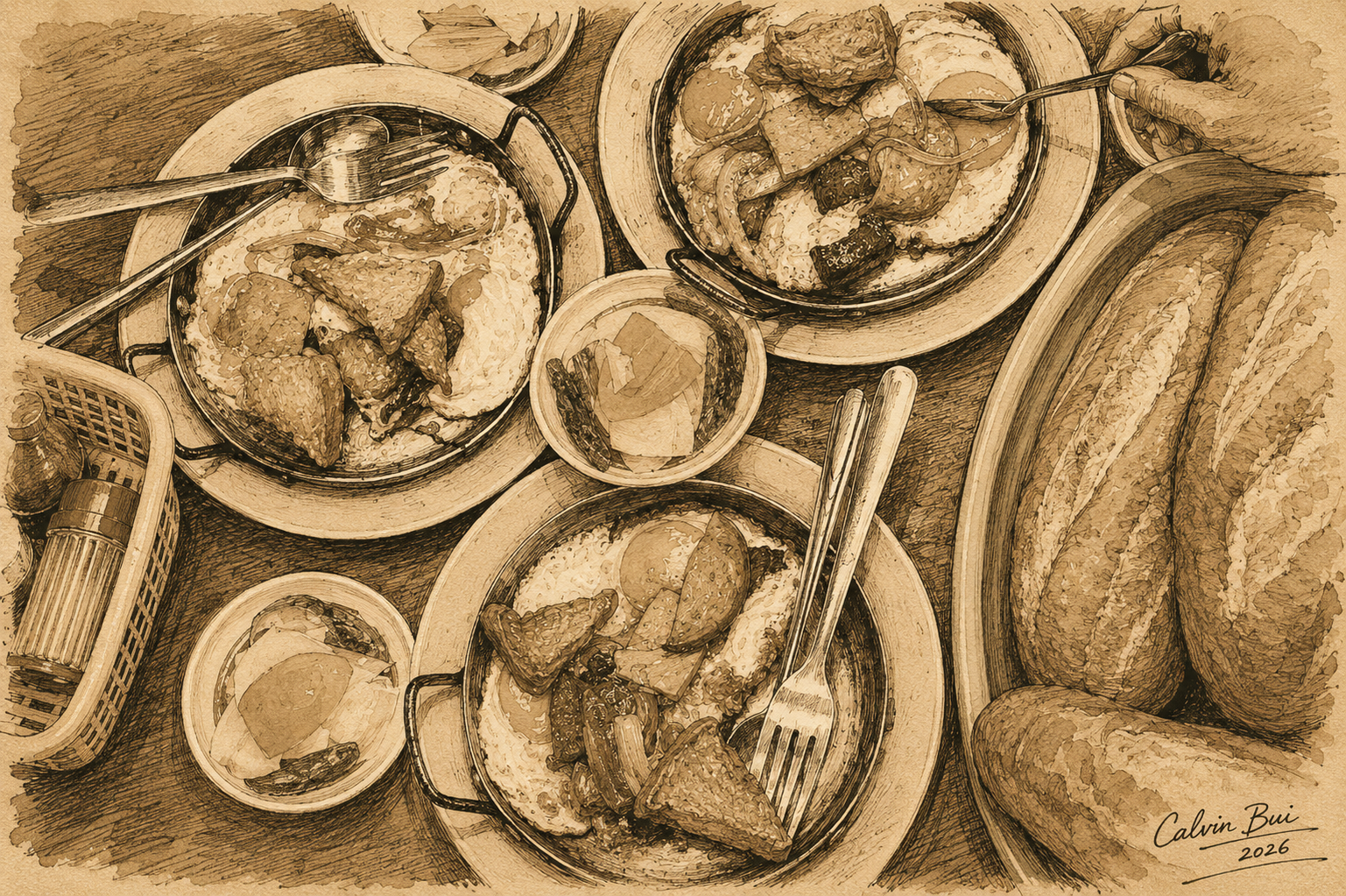 A sepia hand-drawn overhead sketch of Bánh Mì Hòa Mã breakfast in Saigon with multiple bánh mì chảo pans, fried eggs, Vietnamese cold cuts, pickled vegetables, utensils, and crisp baguettes arranged across a street-side table.