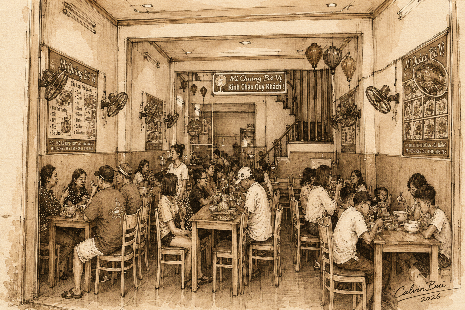 Hand-drawn sepia urban sketch of the Mì Quảng Bà Vị dining room in Đà Nẵng, showing wooden tables, diners, wall menus, fans, lanterns, and Calvin Bui 2026 artist signature.