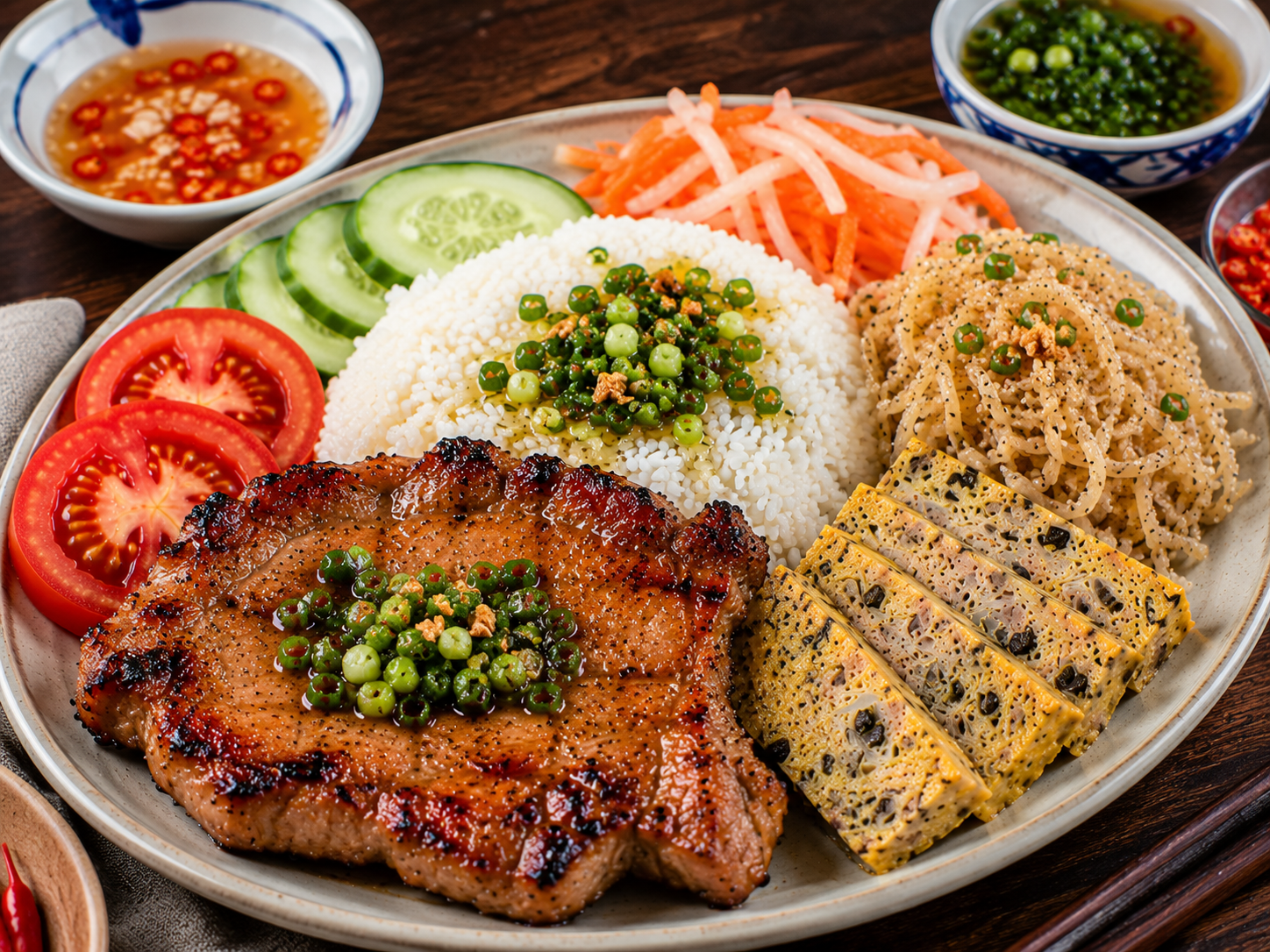 Finished Cơm Tấm plate with grilled pork chop, broken rice, egg meatloaf, shredded pork skin, pickled vegetables, cucumber, tomato, scallion oil, and fish sauce dressing.