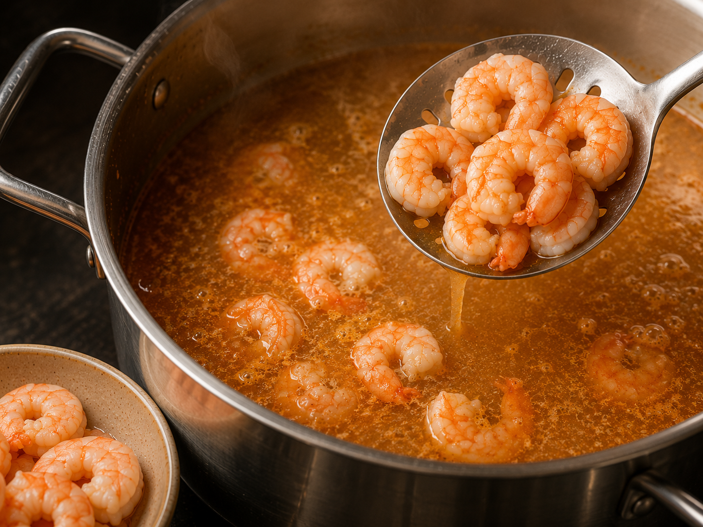 Shrimp for bánh canh cua turning pink and curled in hot broth as they are lifted out with a slotted spoon.
