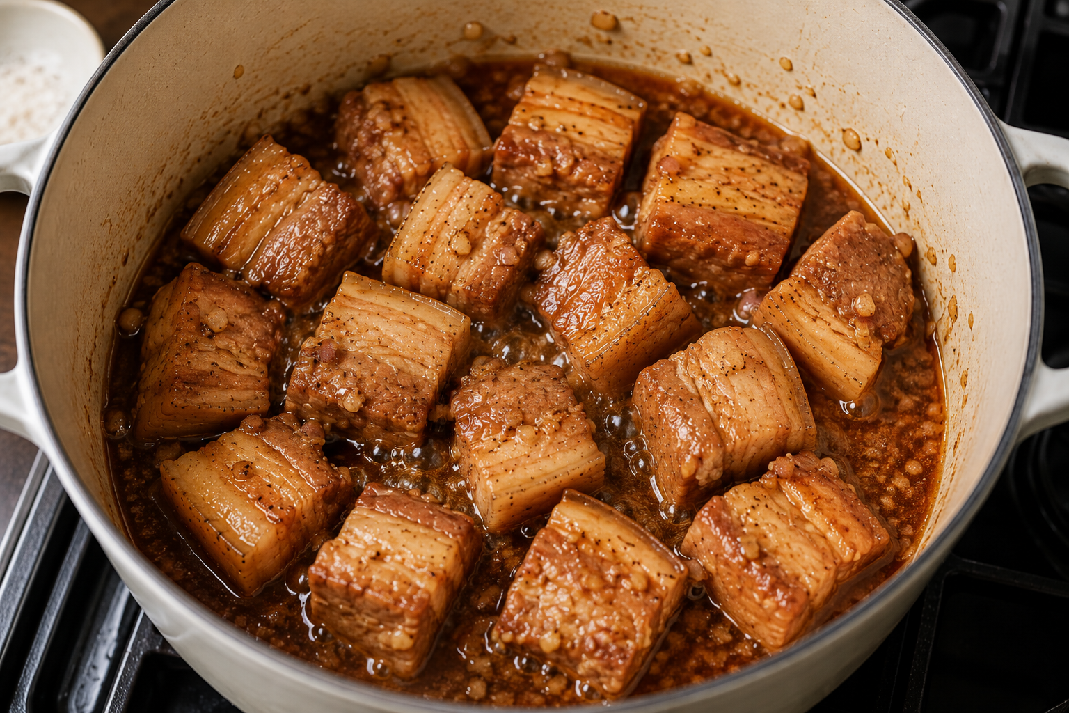 Pork belly gently simmering in a rich amber coconut water and fish sauce broth while slowly braising for thịt kho trứng.