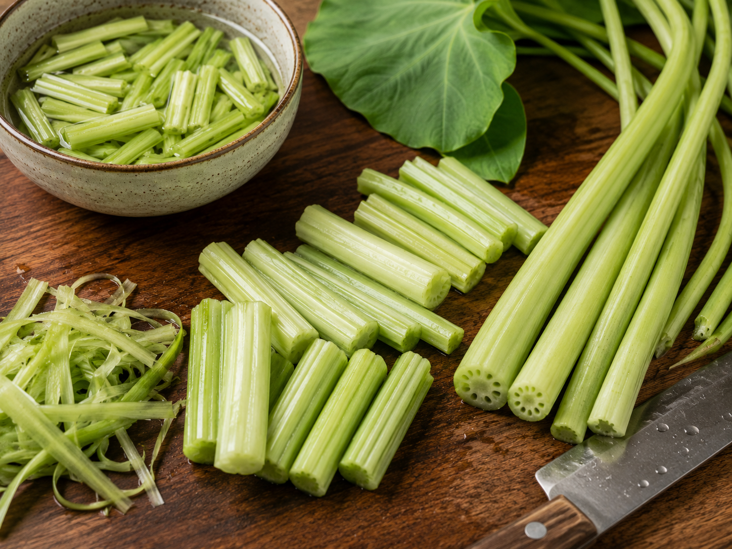 Edible elephant ear stems for canh chua cá peeled, cut into short pieces, rinsed, and prepared on a wooden cutting board.