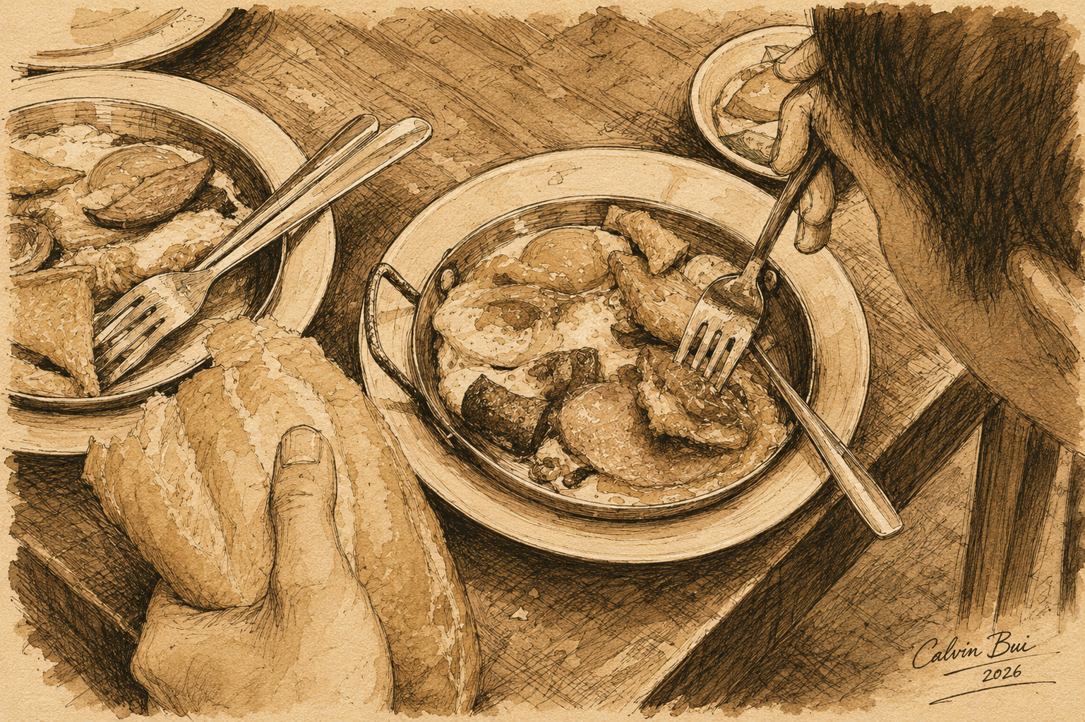 A sepia hand-drawn sketch of someone eating bánh mì chảo at Bánh Mì Hòa Mã in Saigon, with a hand holding a crisp baguette, fried eggs, cold cuts, and a fork cutting into the hot breakfast pan on a red street-side table.