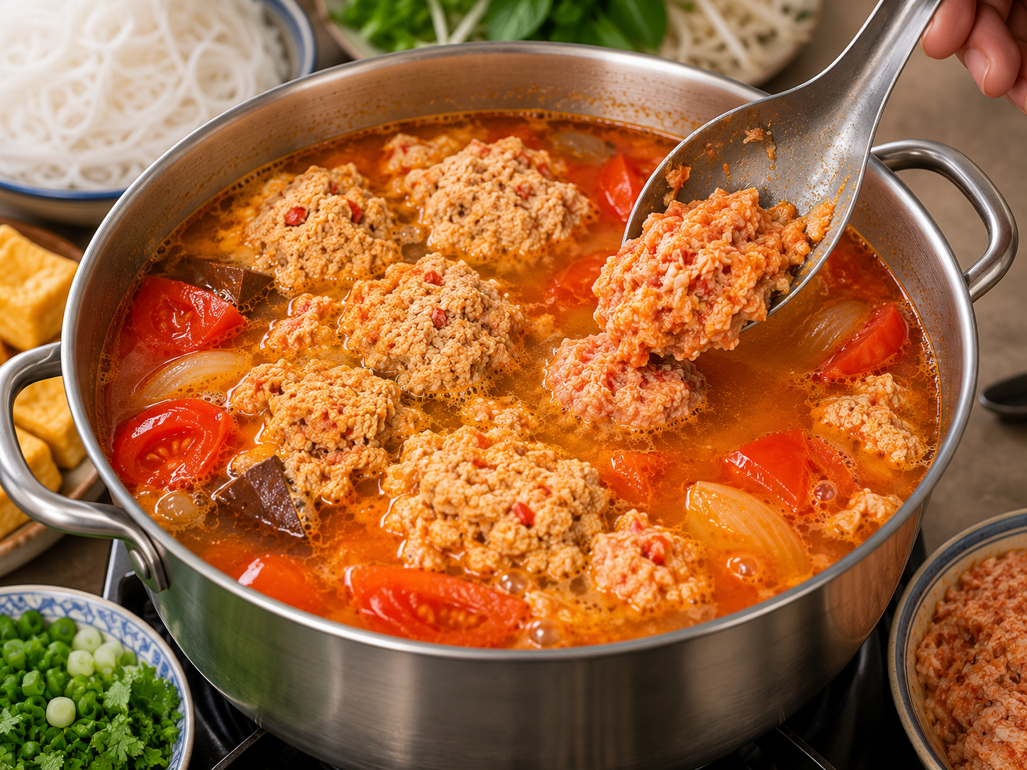 Crab riêu mixture being added to simmering bún riêu tomato broth with tofu, tomato wedges, and noodles nearby.