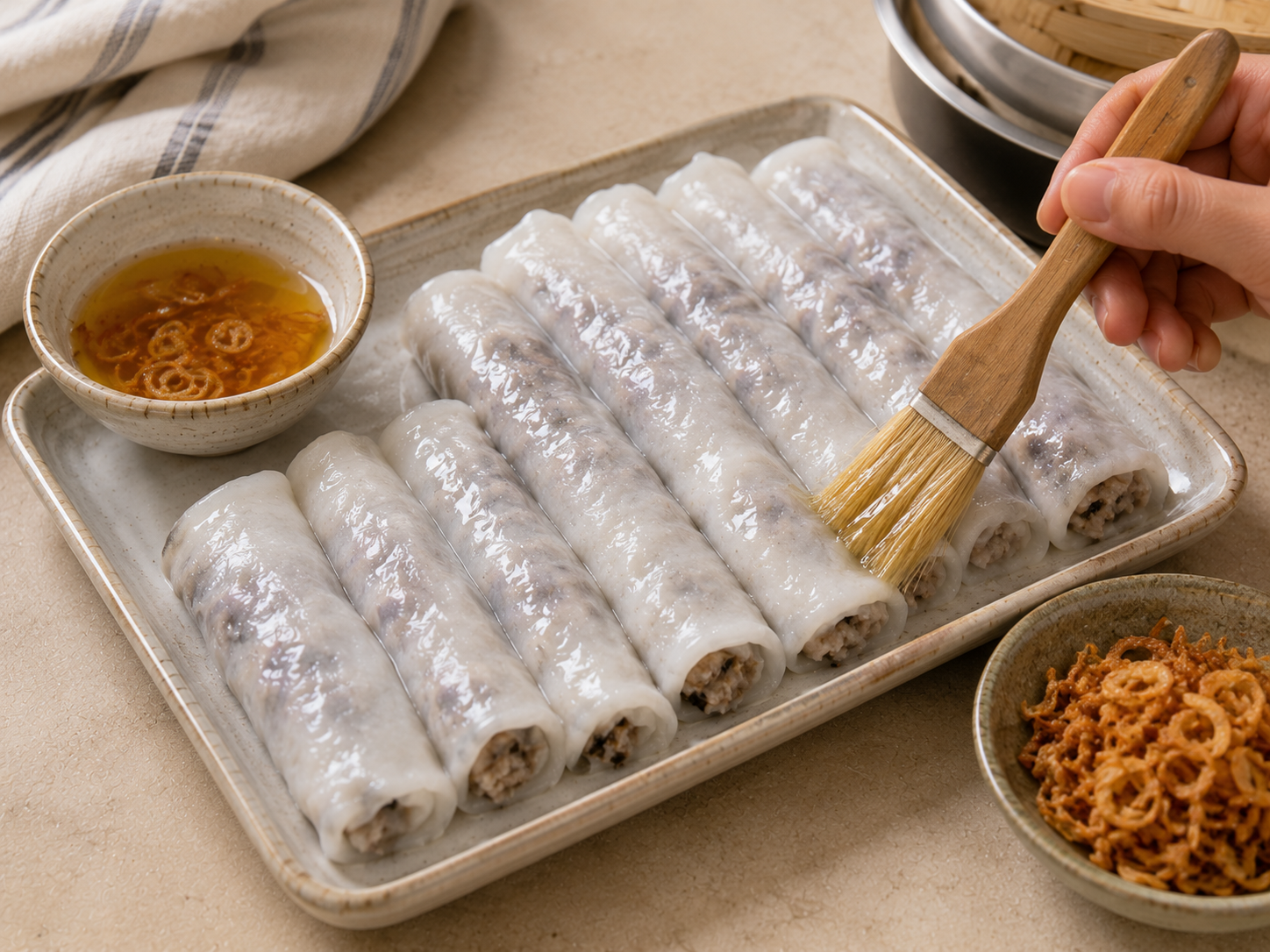 Fresh bánh cuốn rolls being brushed with shallot oil to keep the rice sheets soft and glossy.