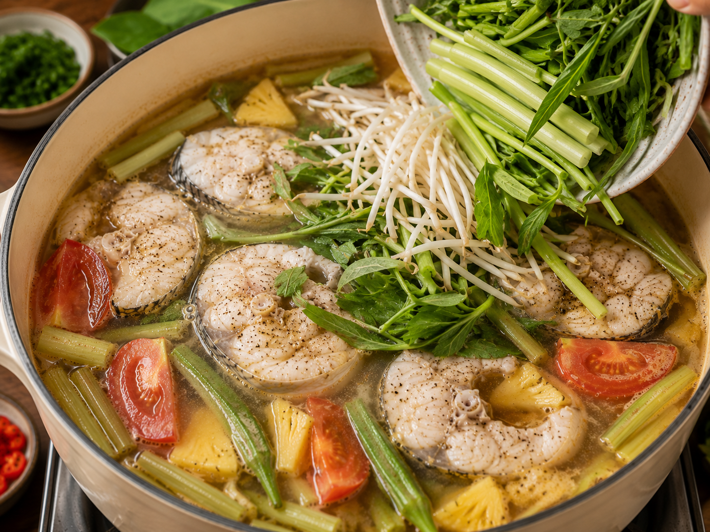 Bean sprouts and fresh vegetables being added to canh chua cá with gently cooked fish, pineapple, tomatoes, okra, and elephant ear stems.