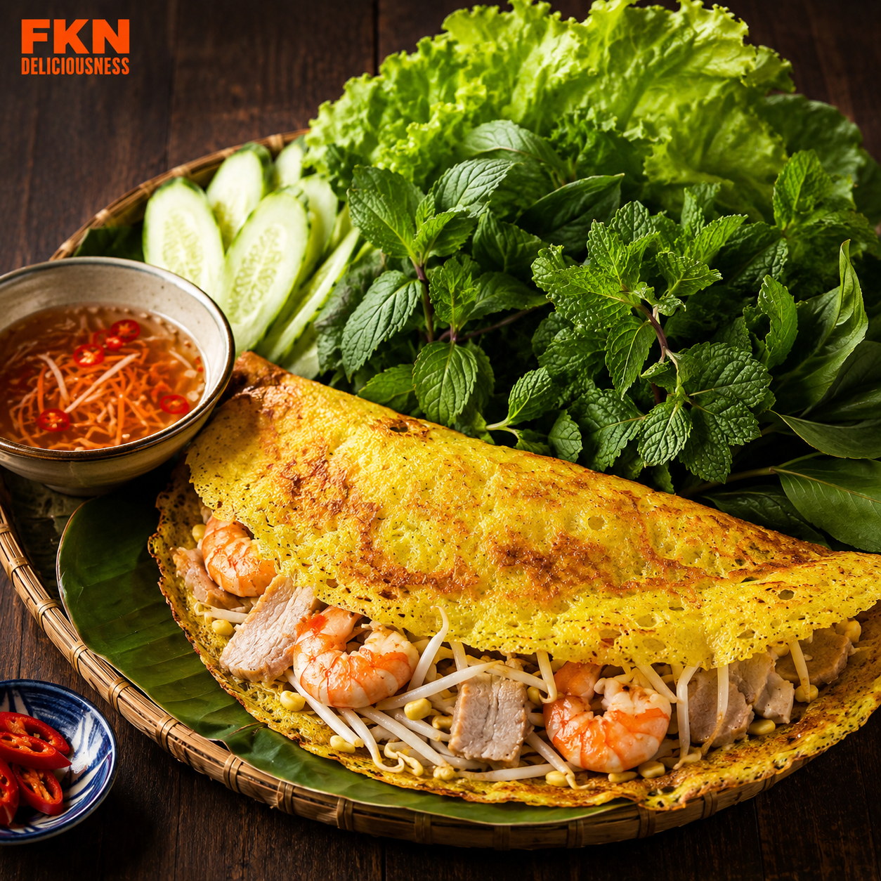 Bánh xèo Vietnamese crispy sizzling pancake filled with shrimp, pork, bean sprouts, mung beans, fresh herbs, lettuce, cucumber, chili, and nước chấm dipping sauce.
