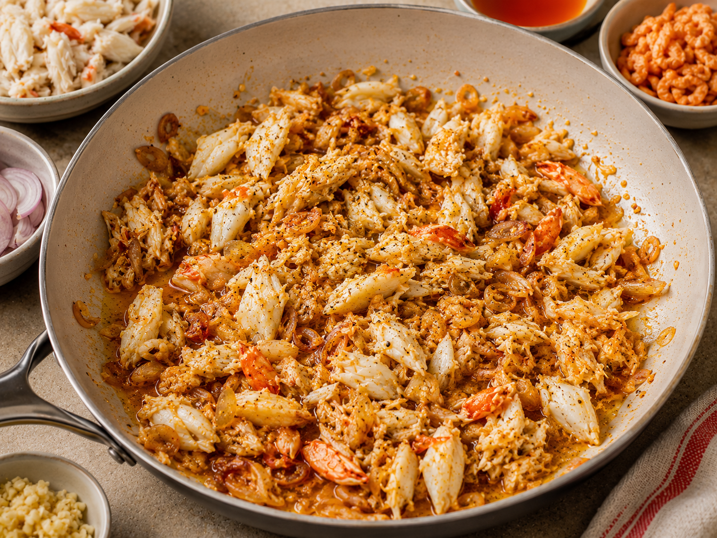 Crab meat for bánh canh cua cooked with annatto oil, shallots, garlic, fish sauce, and black pepper.
