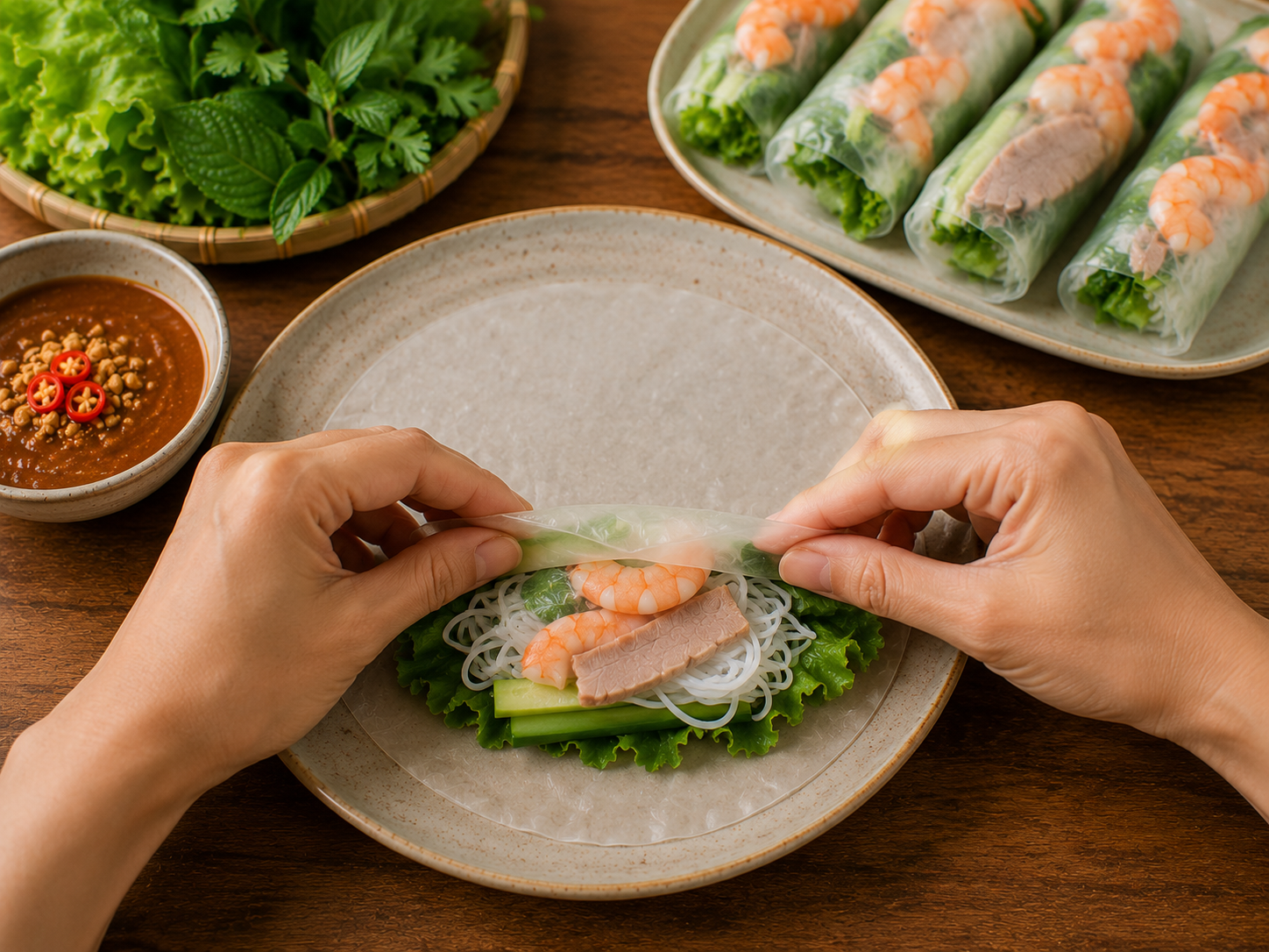 Hands rolling gỏi cuốn Vietnamese fresh spring rolls with shrimp showing through the rice paper.