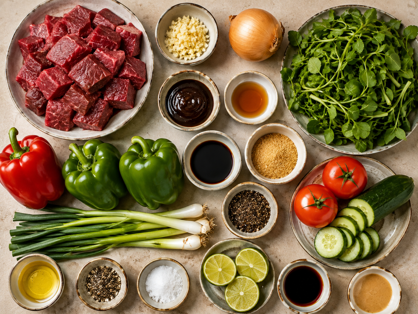 Ingredients for bò lúc lắc arranged with cubed beef, bell peppers, onion, scallions, watercress, tomatoes, cucumber, lime, garlic, and Vietnamese seasonings.