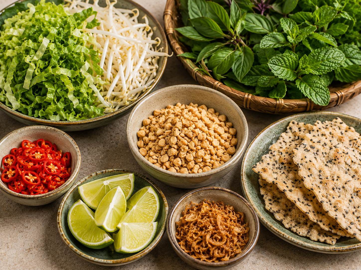 Fresh herbs, lettuce, bean sprouts, roasted peanuts, lime, chili, fried shallots, and sesame rice crackers prepared for Mì Quảng.