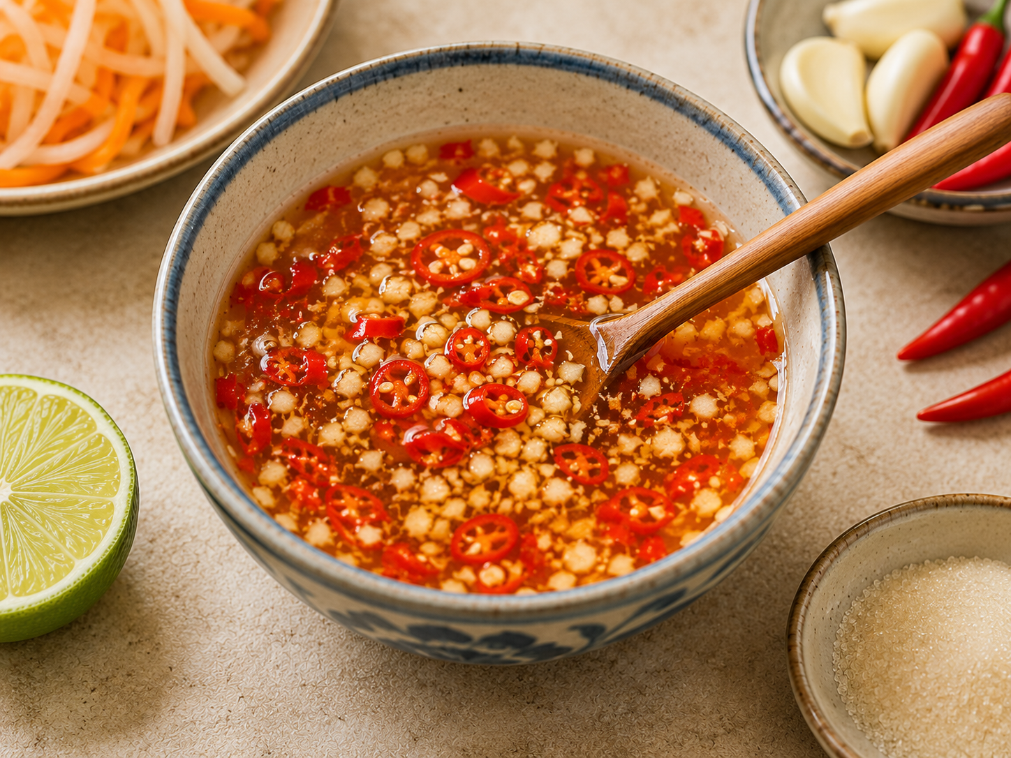 Nước chấm dipping sauce for bánh xèo with fish sauce, lime juice, garlic, chile, and sugar in a ceramic bowl.