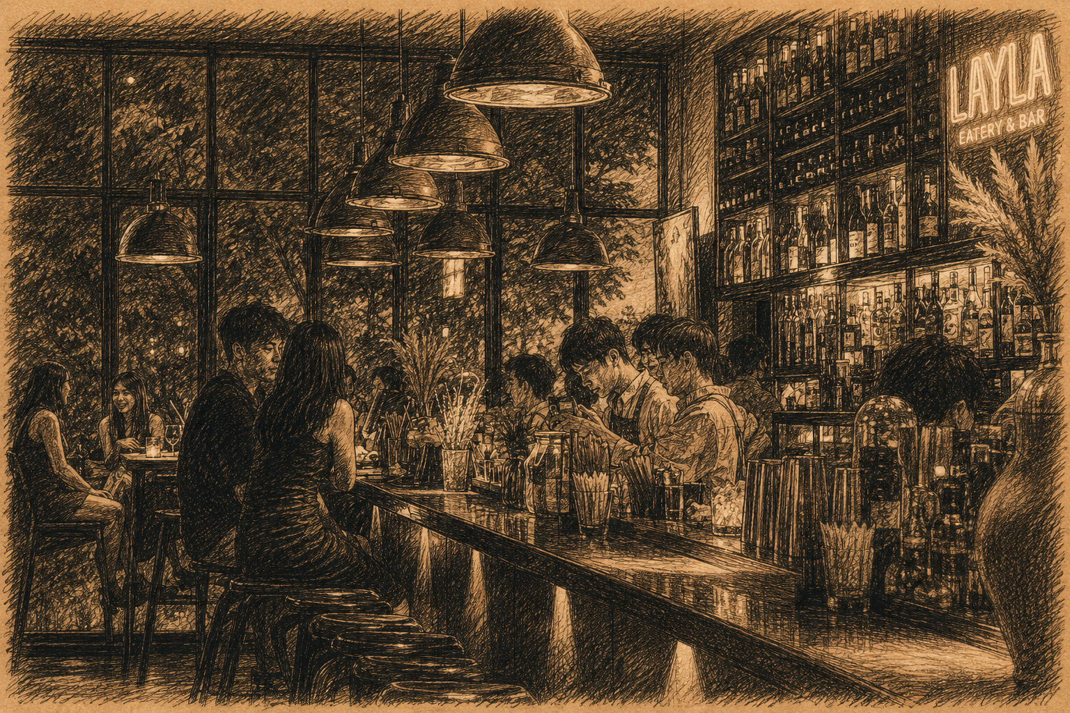 Hand-drawn sepia pencil-and-ink sketch of Layla Eatery & Bar in Ho Chi Minh City, showing guests seated along a long cocktail bar, pendant lights, backlit bottle shelves, bartenders at work, large windows, and a moody social drinking atmosphere.