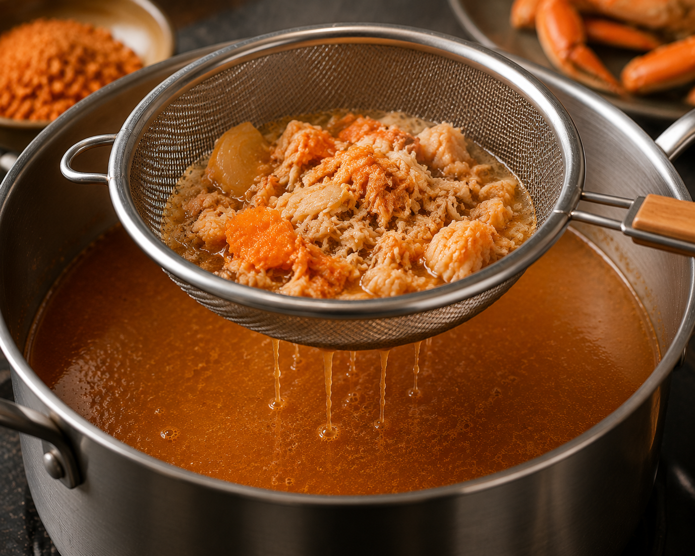 Straining and finishing bánh canh cua broth through a fine mesh strainer to create a clear, flavorful orange seafood broth.