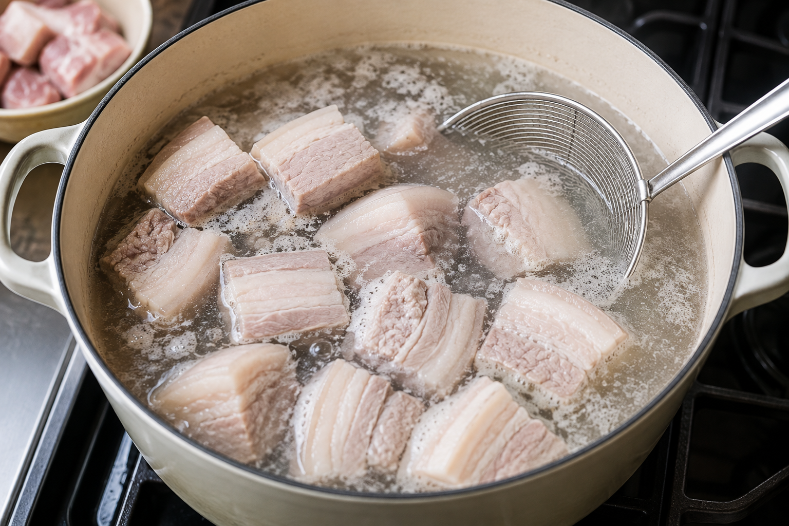 Large pieces of pork belly being blanched in simmering water while foam and impurities are removed for thịt kho trứng.