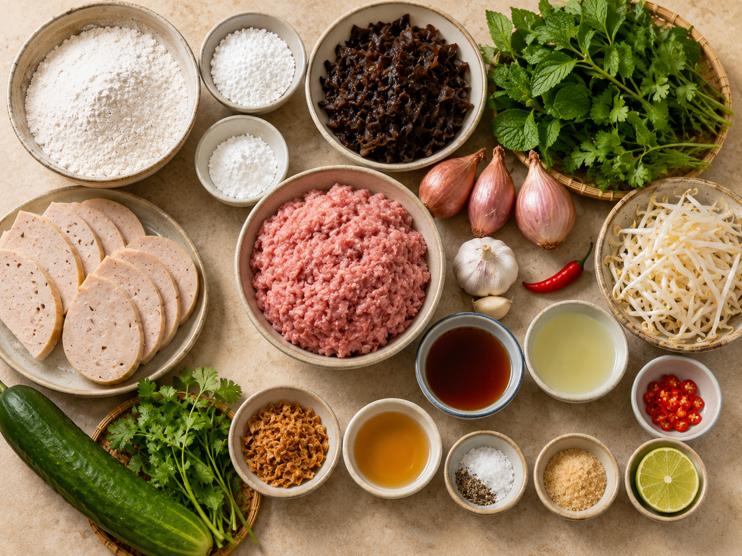 Ingredients for bánh cuốn including rice flour, tapioca starch, ground pork, wood ear mushrooms, shallots, fish sauce, herbs, cucumber, chả lụa, lime, and bean sprouts.