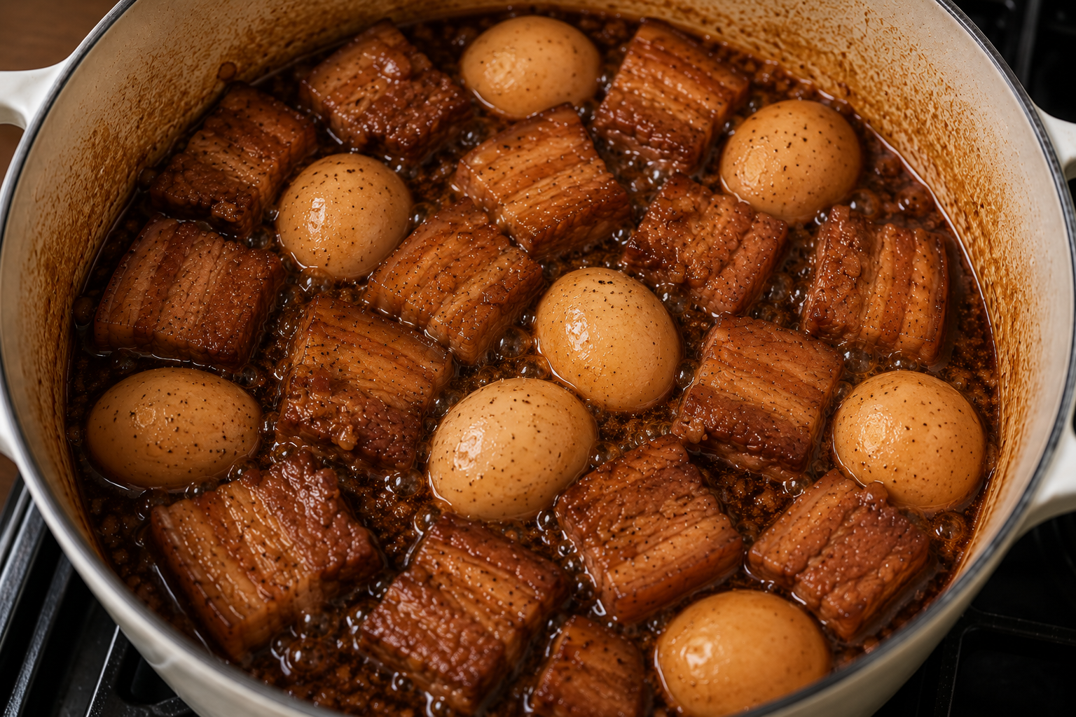 Whole peeled eggs added to tender pork belly simmering in the amber coconut water and fish sauce broth for thịt kho trứng.